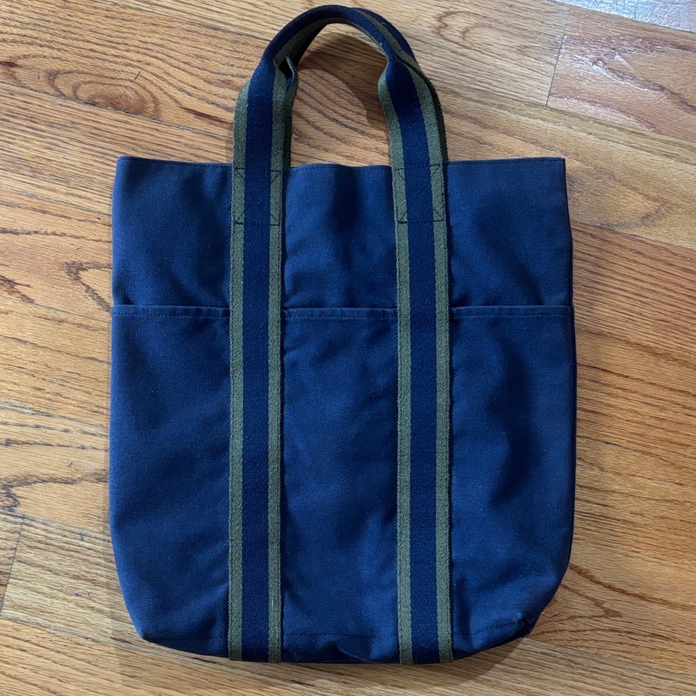 Stylish Hermes Navy Tote Bag with Striped Handles